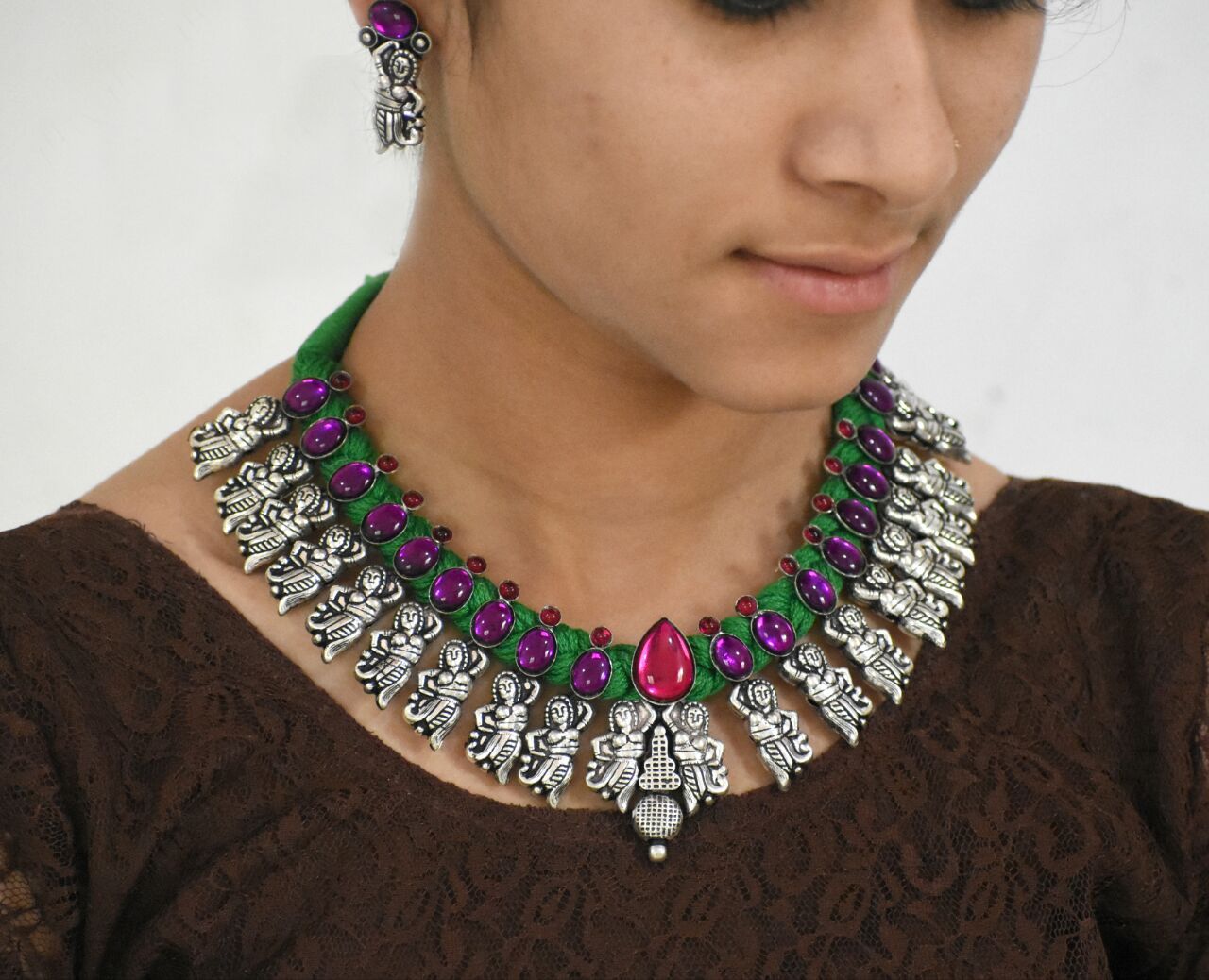 Stone Threaded Temple Jewellery Set-STTJS011