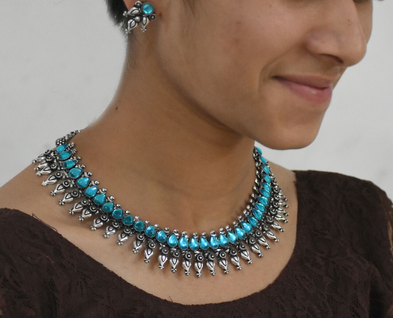 Stone Worked Temple Jewellery Set-SWTJS012