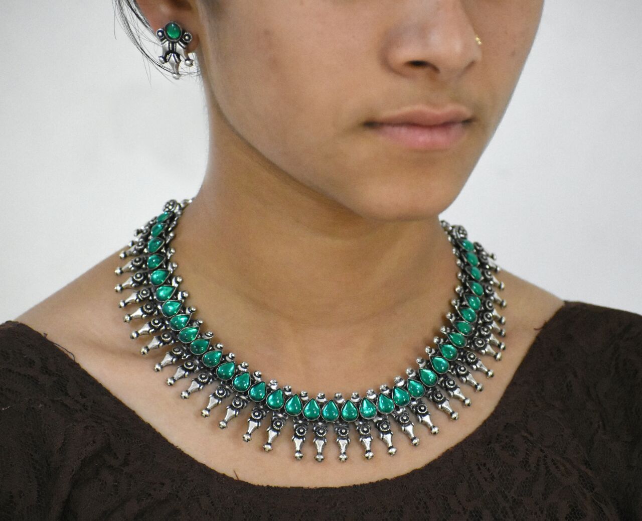 Stone Worked Temple Jewellery Set-SWTJS013