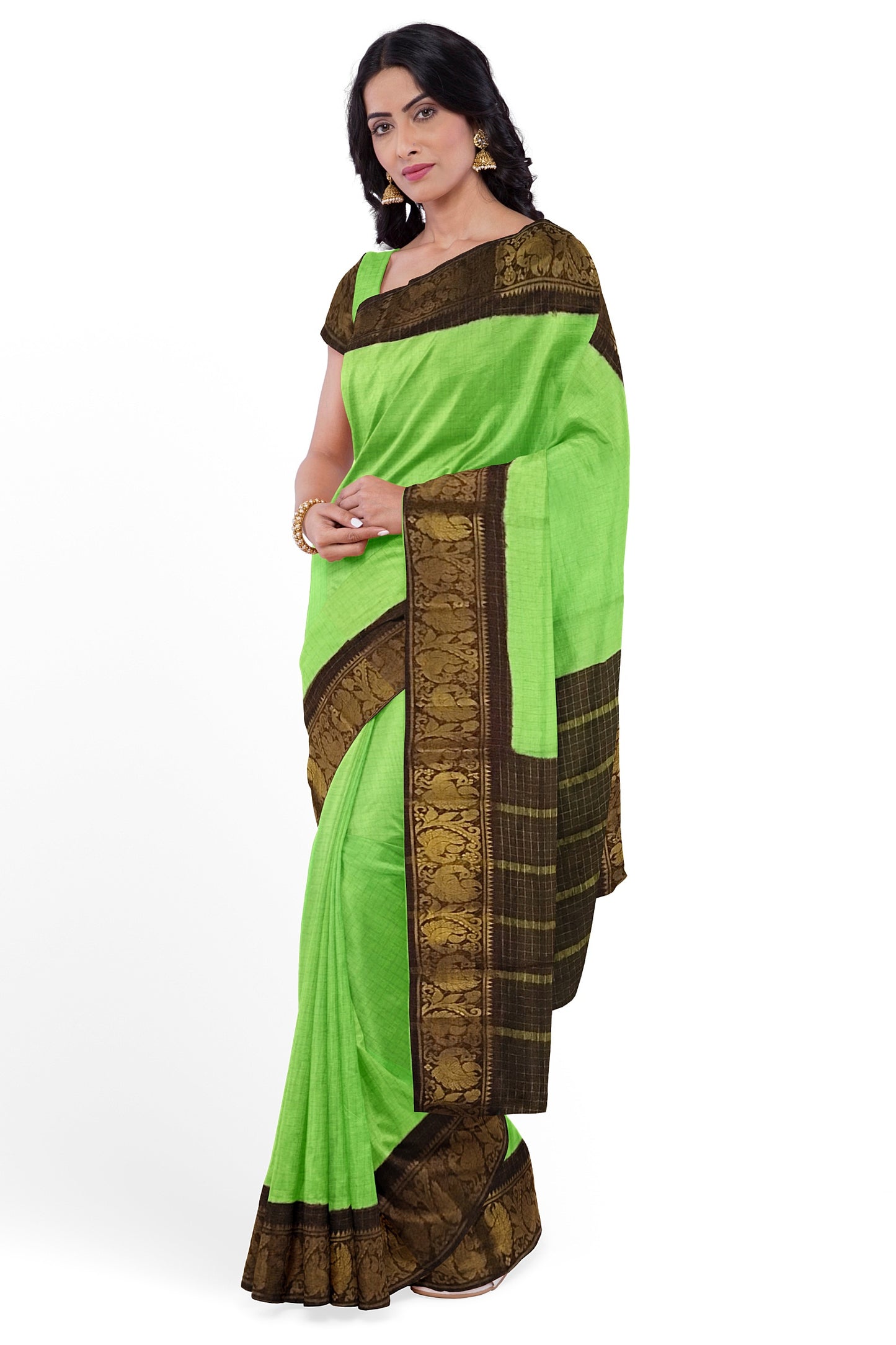 Green With Maroon Golden Border Madurai Sungudi Saree- Double Side Jari Border Jari Check - DSJS 053