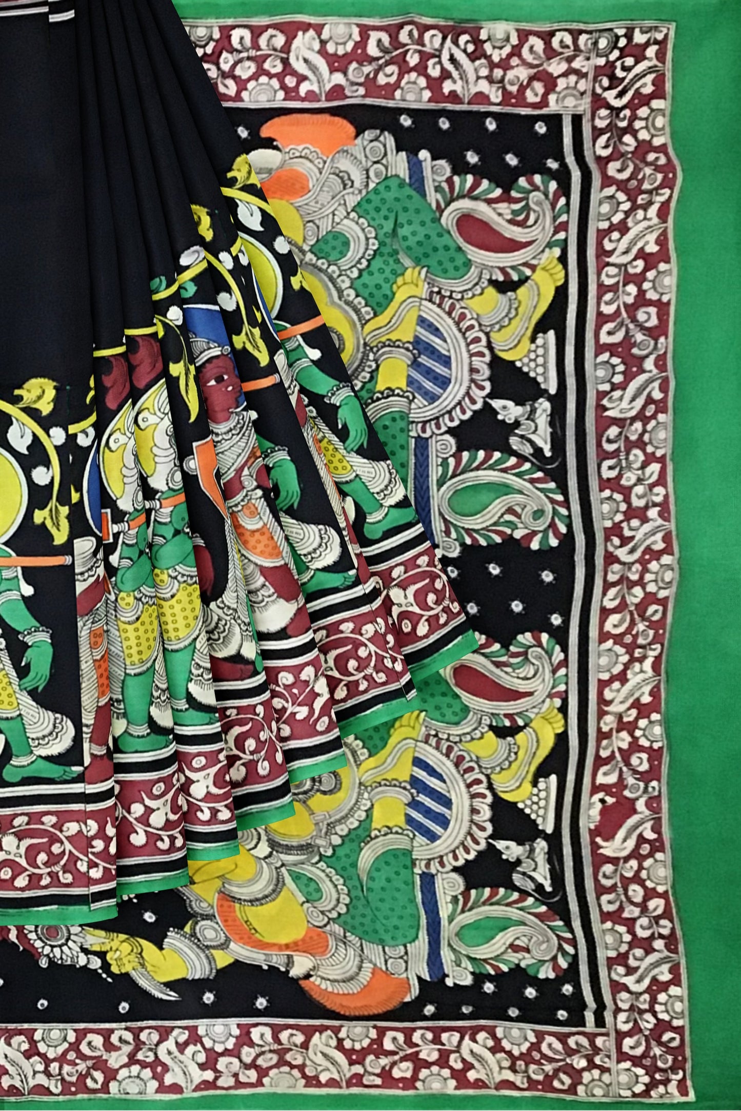 Multicoloured Dual Ganesha Hand-Painted Chennur Silk Kalamkari Saree