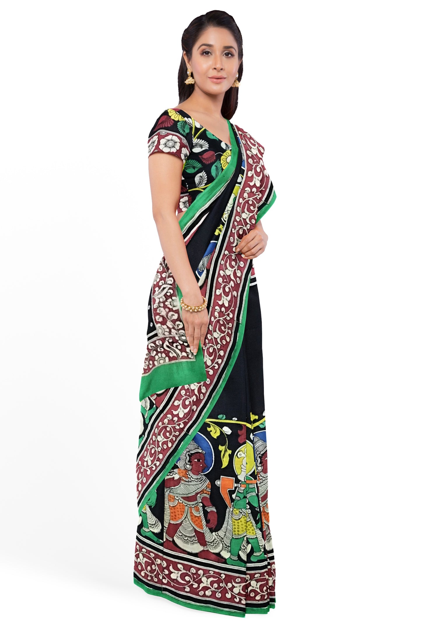 Multicoloured Dual Ganesha Hand-Painted Chennur Silk Kalamkari Saree