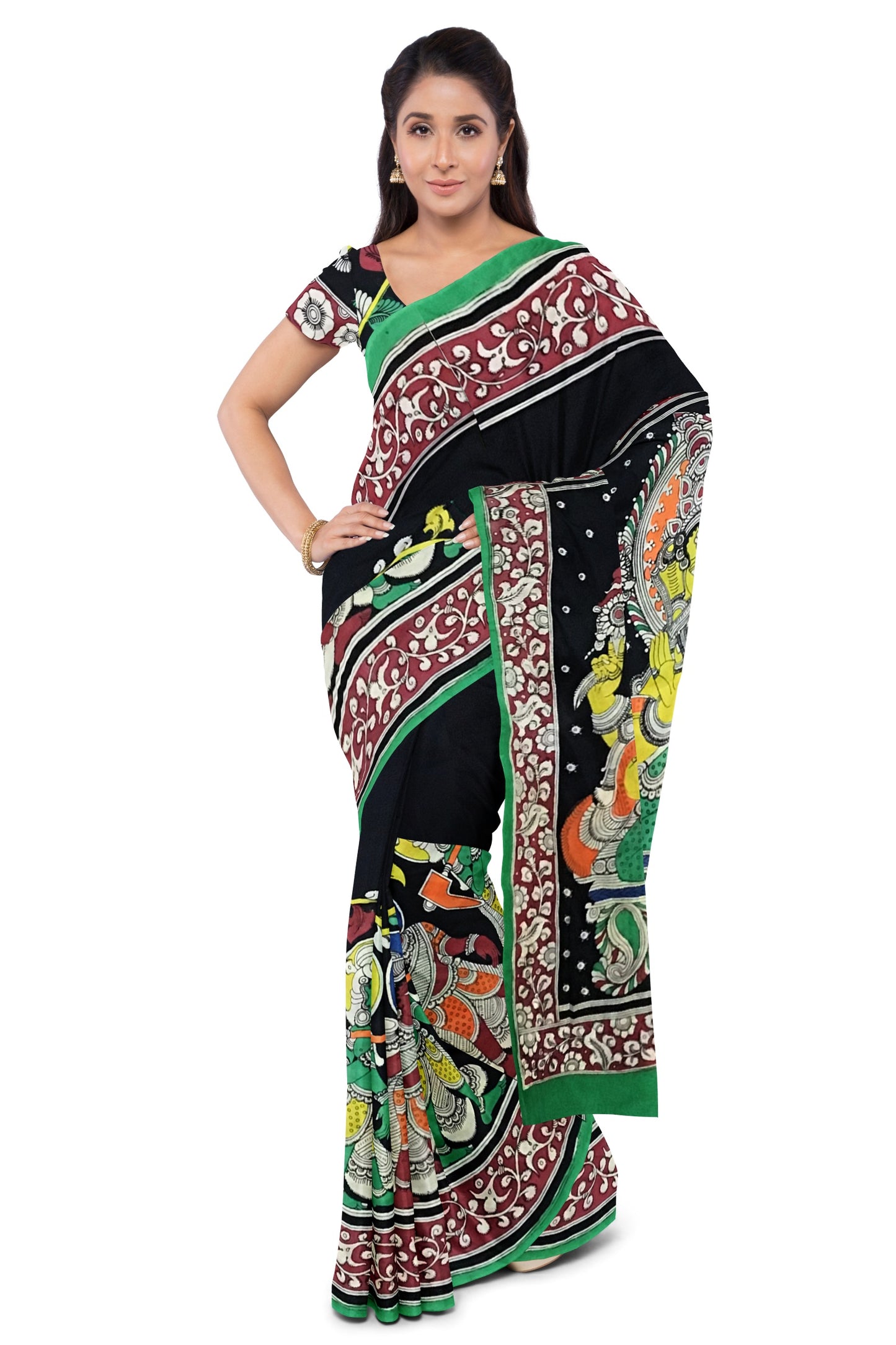 Multicoloured Dual Ganesha Hand-Painted Chennur Silk Kalamkari Saree