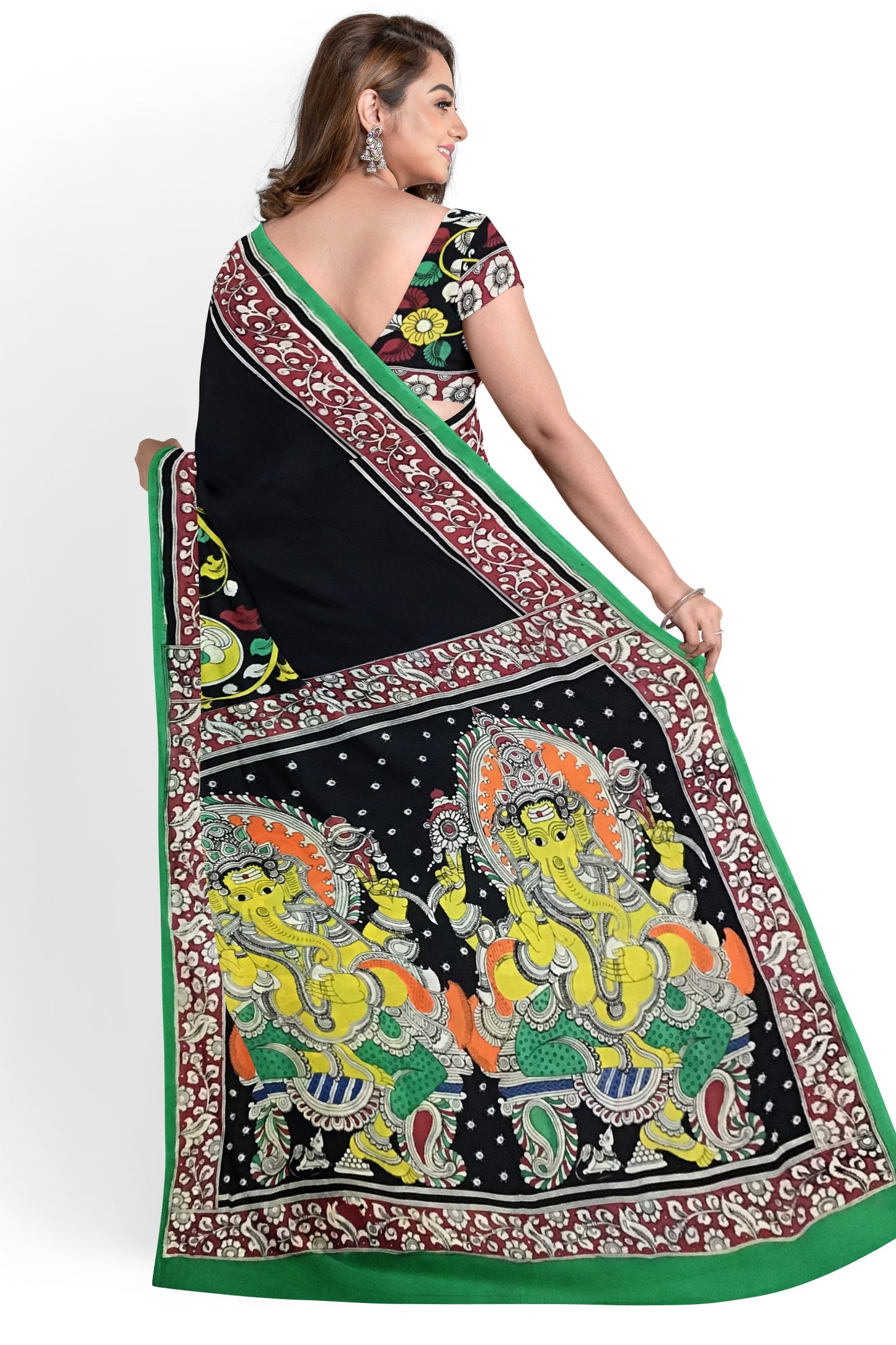Multicoloured Dual Ganesha Hand-Painted Chennur Silk Kalamkari Saree