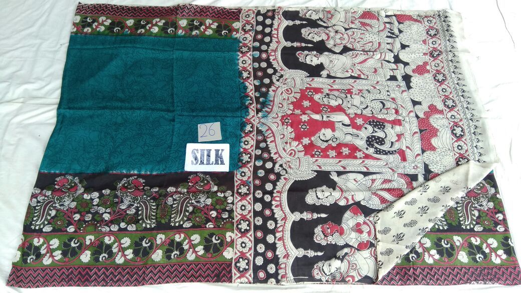 Teal Green with Patil Pallu Silk Kalamkari Saree-KALAMKARI-0068