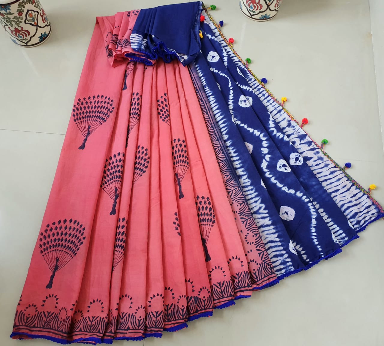 Nature's Embrace: Jaipuri Cotton Saree with Artistic Tree Motif - JCS020