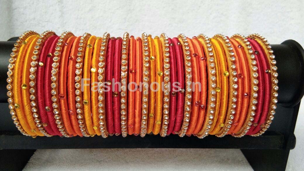 Tricolor Stone Worked Silk Thread Bangle Set Fashionous