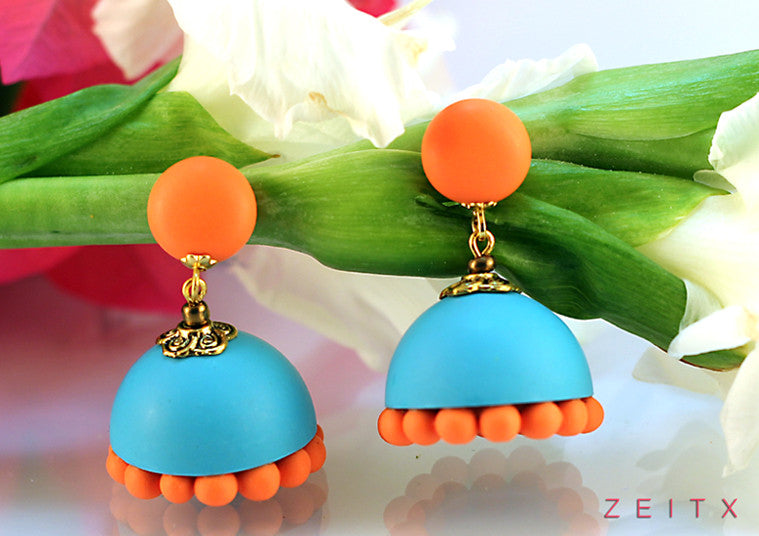Turquoise-Orange Polymer Clay Jhumka