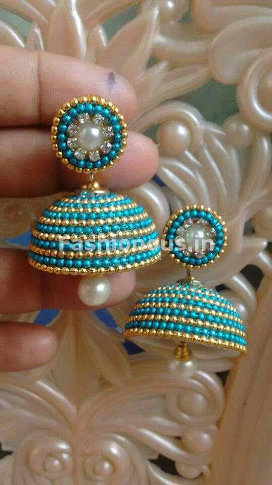 Turquoise Blue Beaded Silk Thread Jhumkas-STJH-075