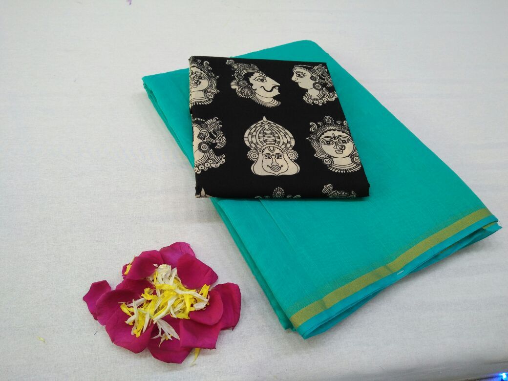 Turquoise Blue with Face Designed Blouse Fancy Cotton Saree-SRE-753