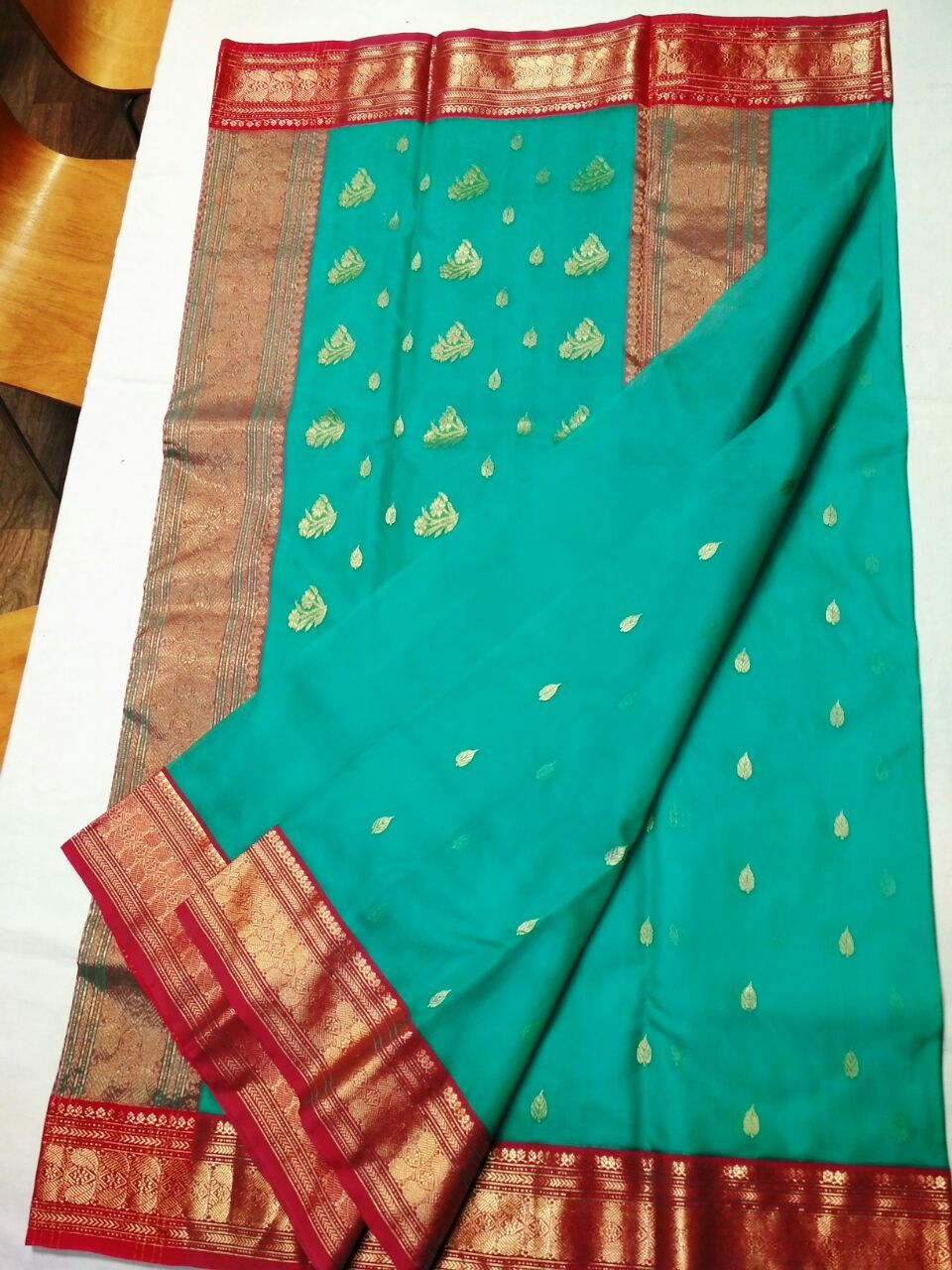 Turquoise Blue with Red Zari Border Chanderi Silk Saree