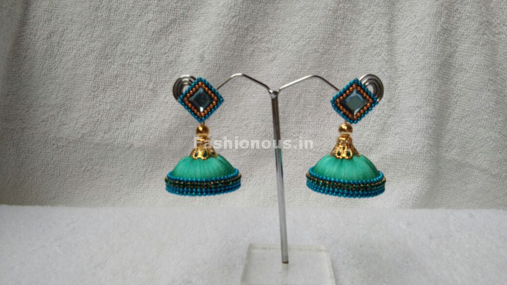 Turquoise blue Beaded Silk Thread Jhumkas-STJH-066