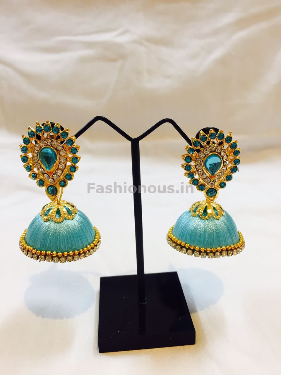 Turquoise blue Stone Studded Droplet Silk Thread Jhumkas-STJH-019