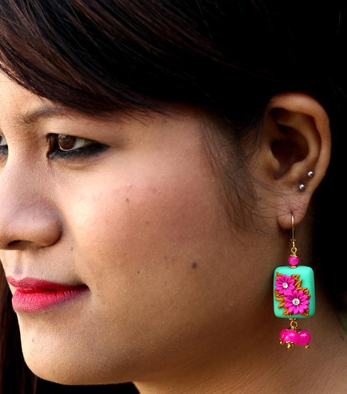 Turquoise with Pink Floral Square Beaded Polymer Clay Earrings-ZAPCJH-043