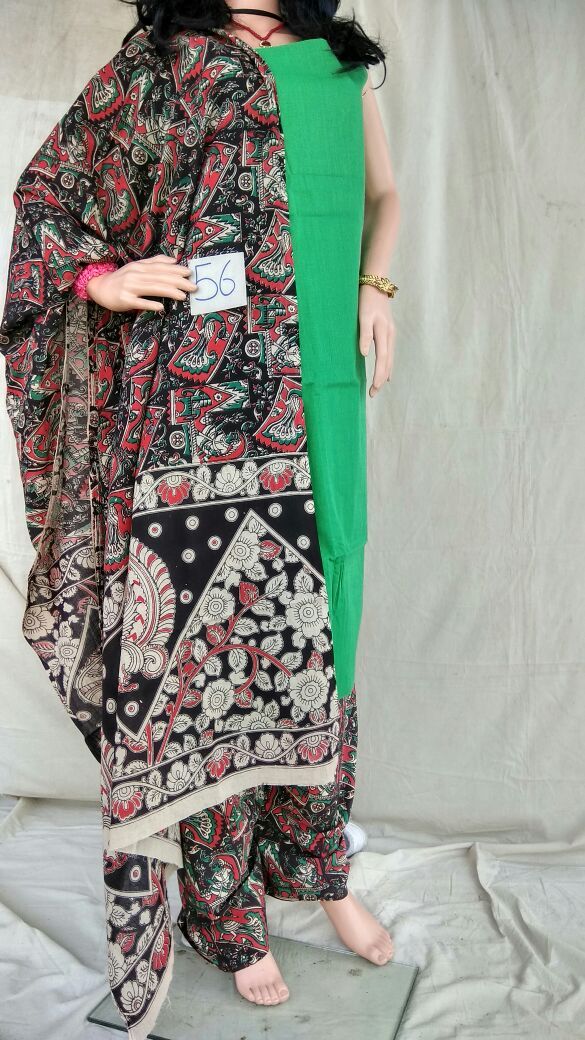 Shamrock Green and Black Unstitched Kalamkari Dress Material-001 green and black coloured dailywear