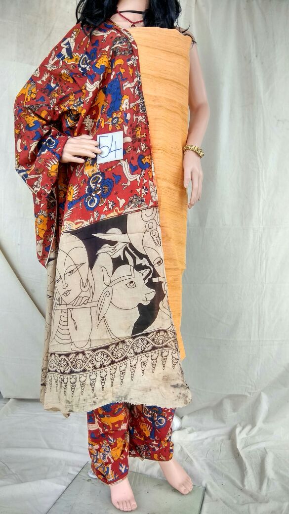 Honey-Crimson Delight Unstitched Kalamkari Dress Material-002 dark yellow & maroon coloured material