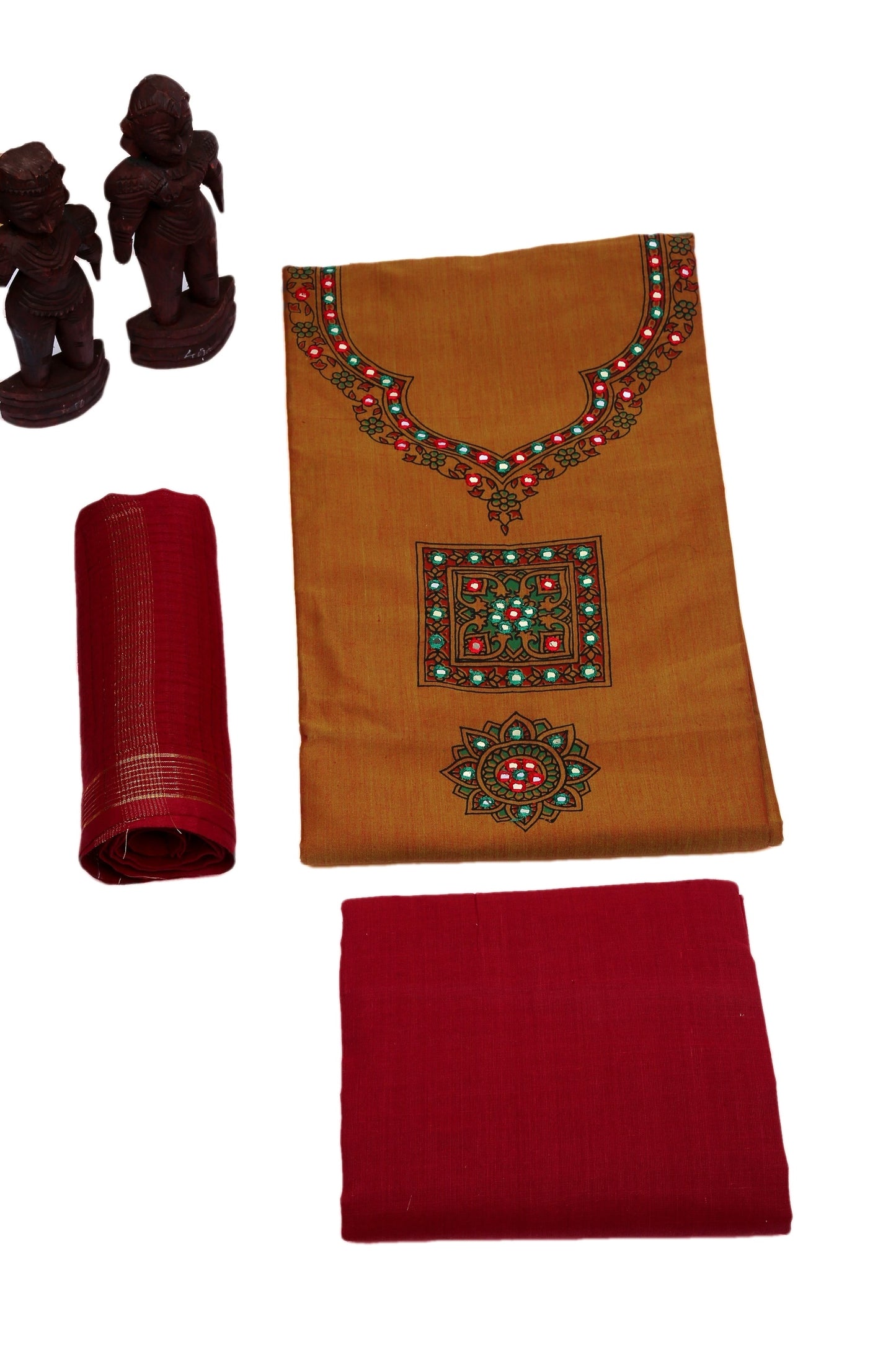 Hazelnut Candy Unstitched Madhubani Cotton Dress Material-MCDM004 Dark yellow red colour traditional