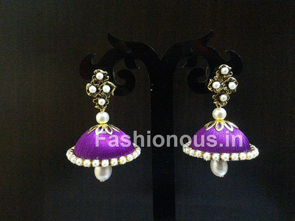 Violet stone Studded Silk Thread Jhumkas