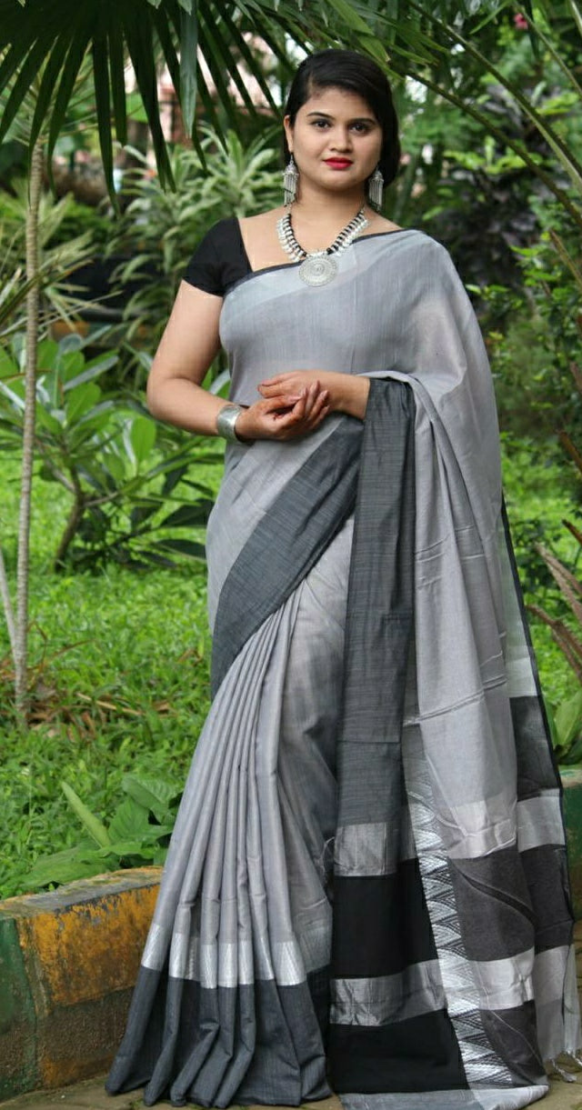 Vivid Grey Linen Saree (Blend)-LN403