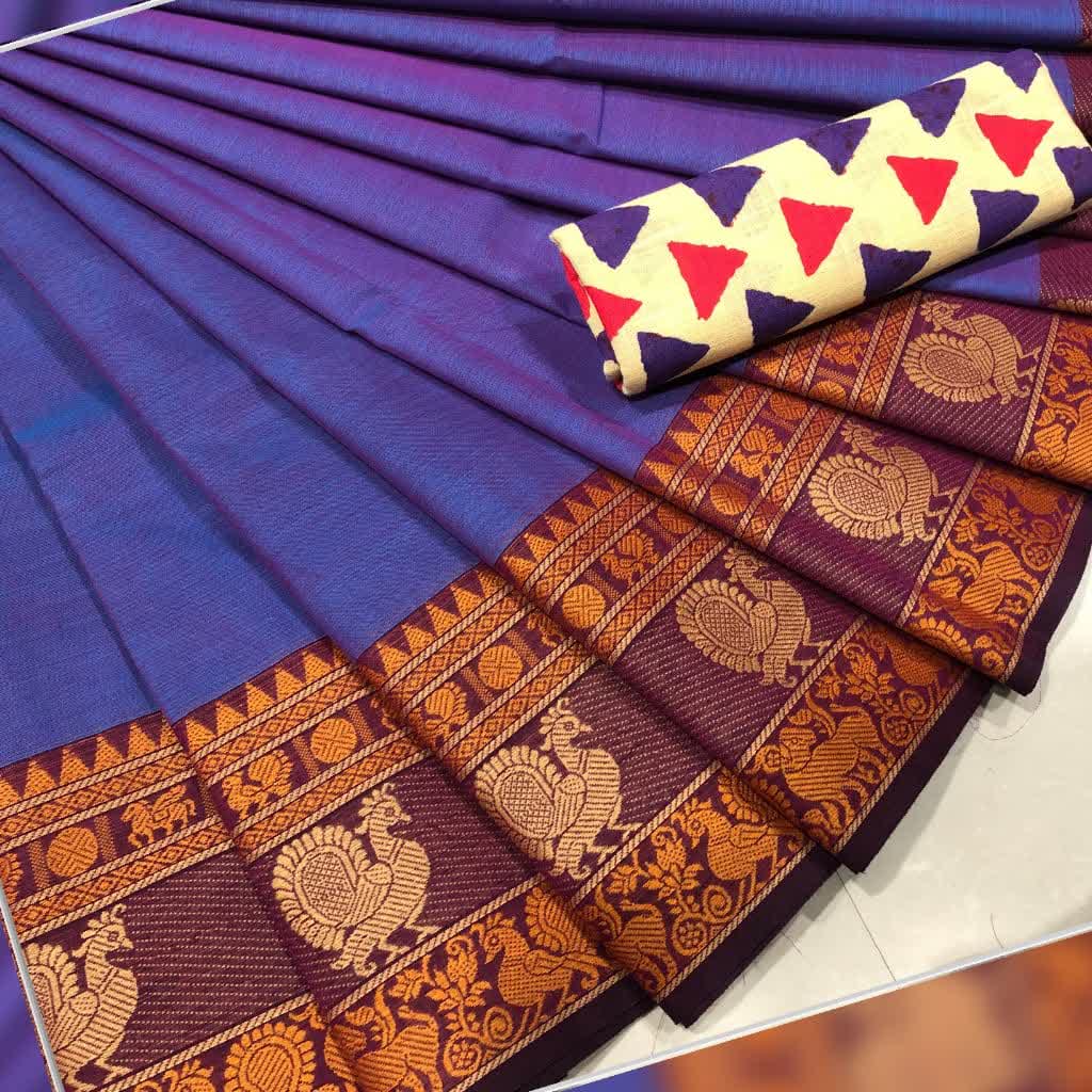 Double Shaded Blue with Peacock Motif Cotton Saree