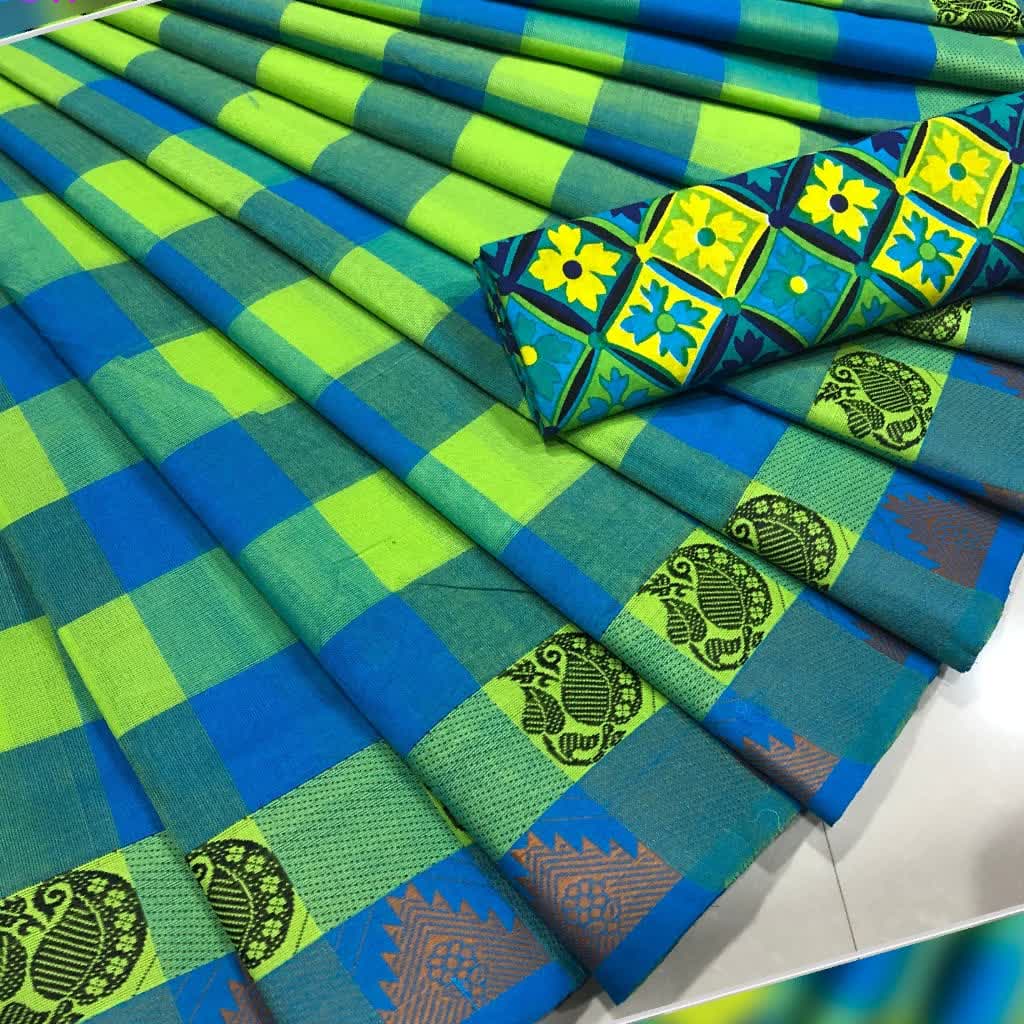 Blue and Green Checked Cotton Saree with Blouse