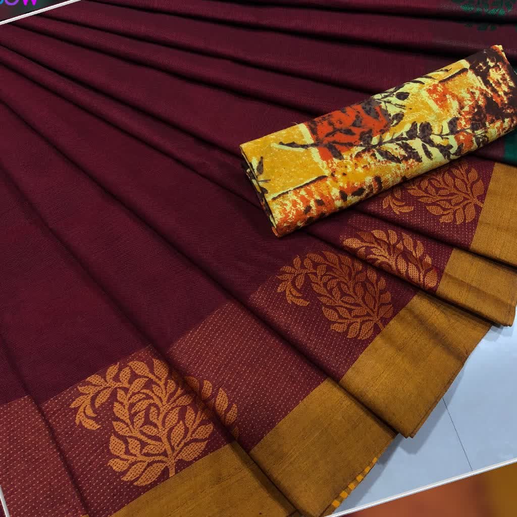 Maroon Cotton Saree with Leaf Pattern Mango Motif