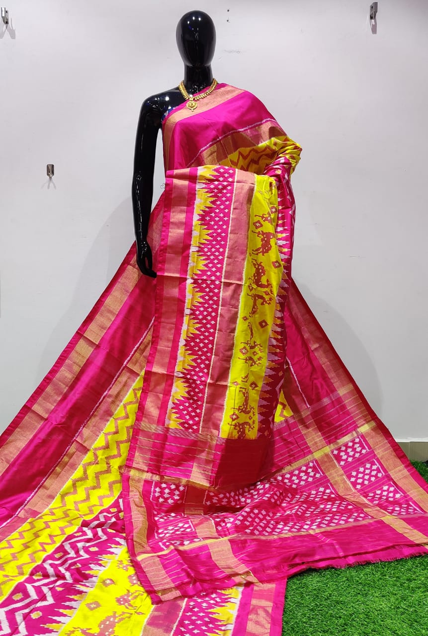 Yellow and Pink Ikkat Silk Saree