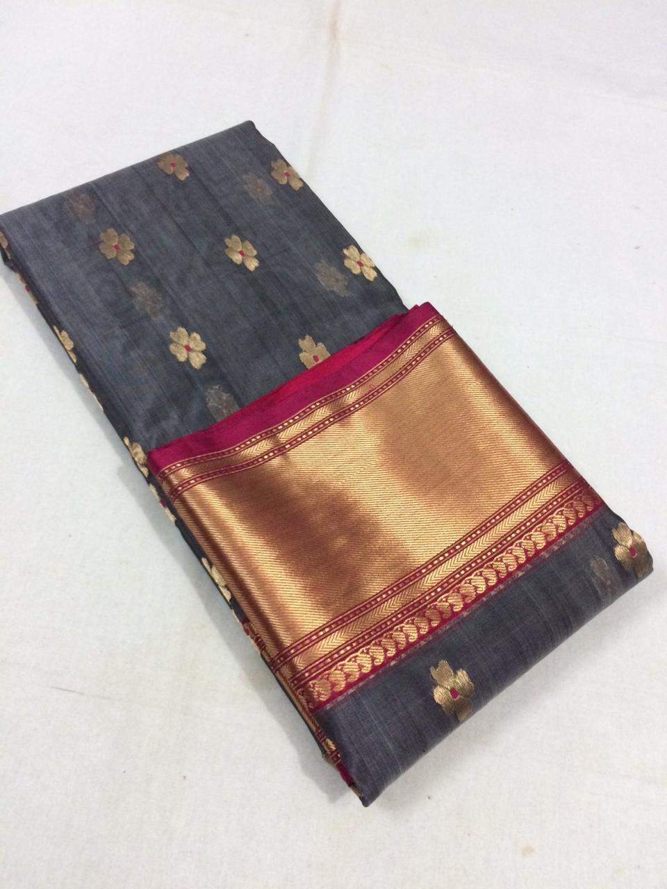 Grey with Pink Pure Pattu Chanderi Silk Saree
