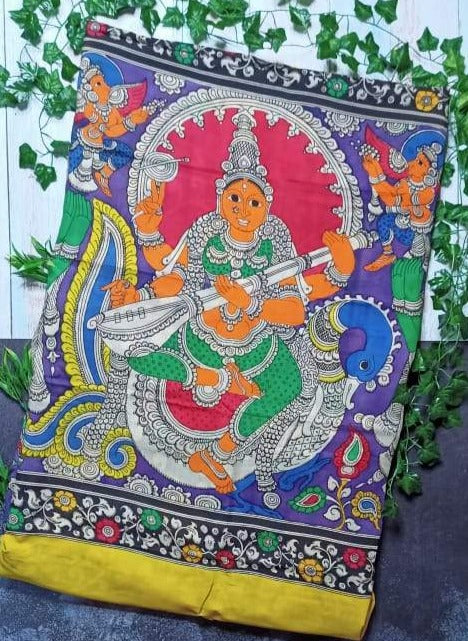 Exquisite Multicoloured Saraswati Hand-Painted Chennur Silk Kalamkari Saree