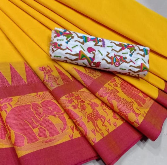 Village Vibes- Ochre Chettinad Saree with printed Kalamkari blouse- CS313