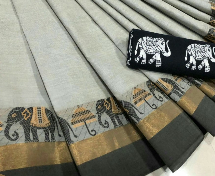 Contemporary Colours – Light Grey Chettinad Saree with Traditional Elephant Motifs CS103
