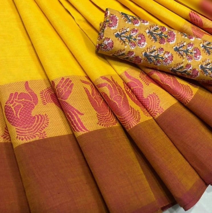 Graceful Abhinayam – Ochre Chettinad Saree with bright motifs and floral printed blouse CS109