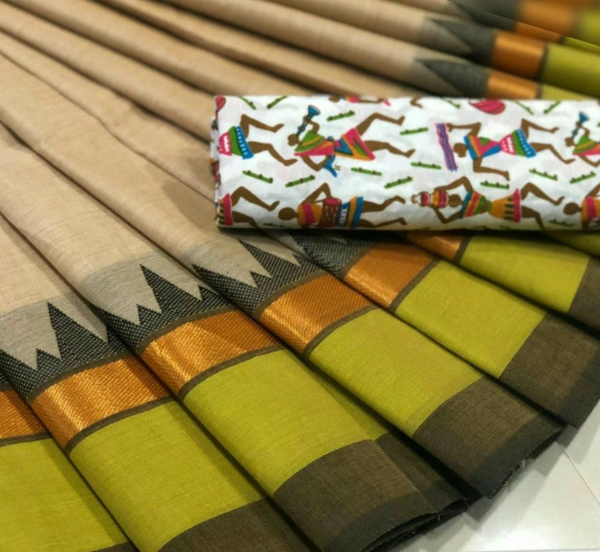 Chettinad Saree with Fancy Temple Border and Printed Kalamkari Blouse- CS206