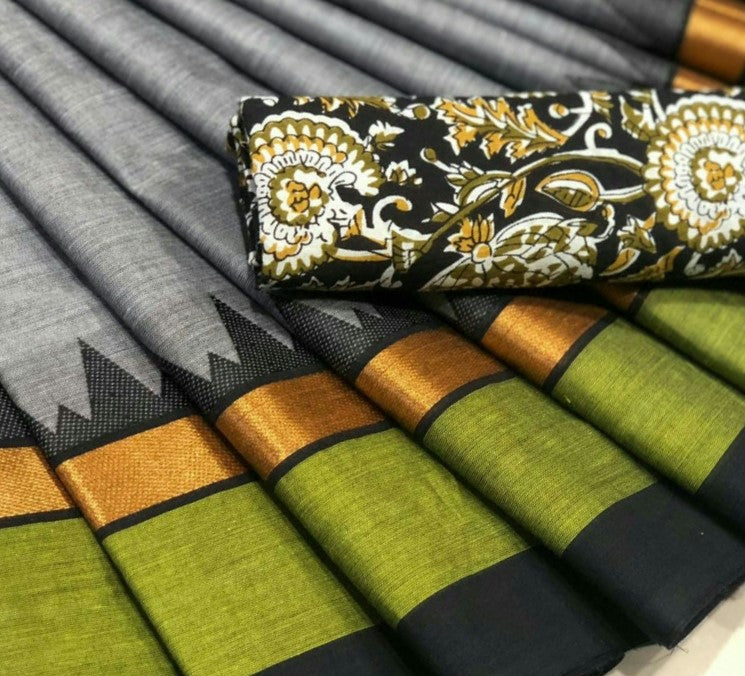 Modish Artwork – Grey Chettinad Saree with Floral Printed Blouse- CS106