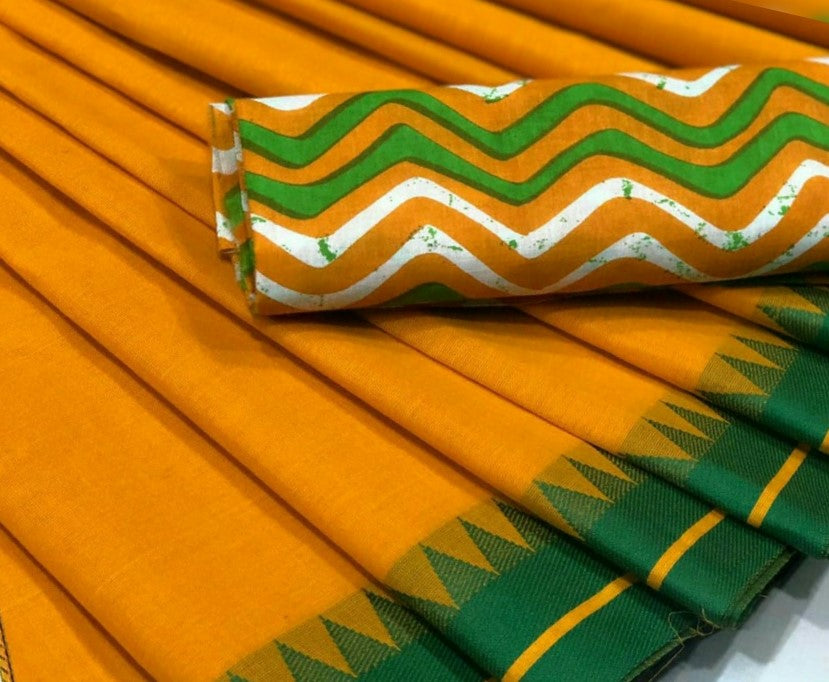 Quintessential chettinad - Dark Yellow Chettinad Saree with Temple Border and Kalamkari blouse- CS323