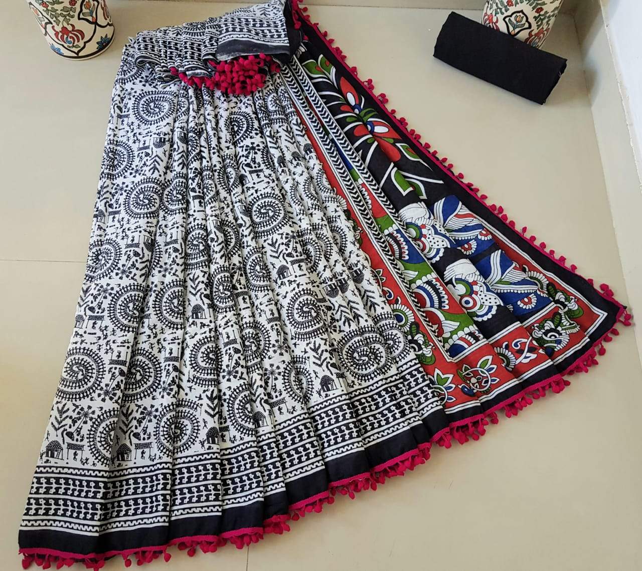 Black and White Cotton Saree with Multicoloured Pallu-TCS009