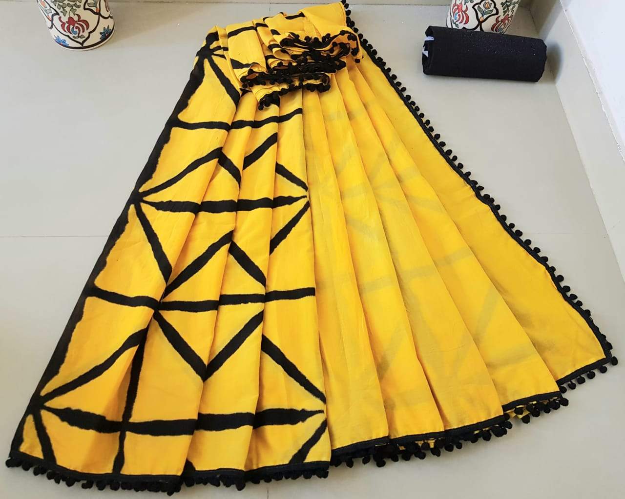 Sunshine Yellow Cotton Saree with Black Border-TCS008