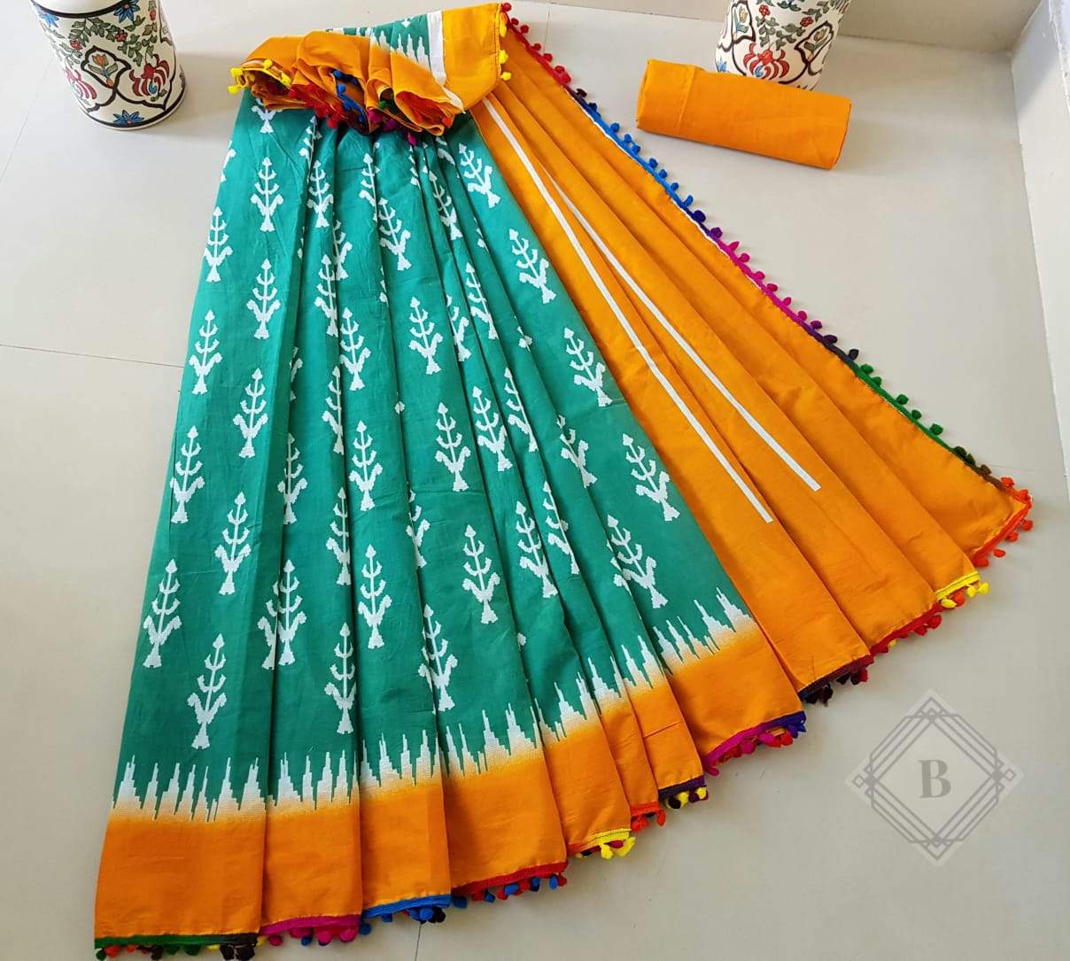 Teal and Yellow Cotton Saree-TCS018