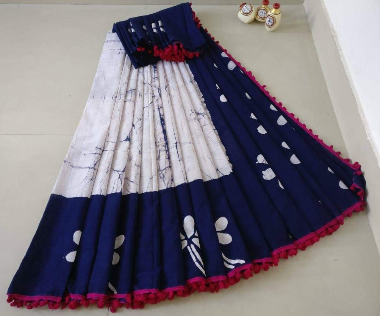 White Cotton Saree with Navy Blue Border-TCS006