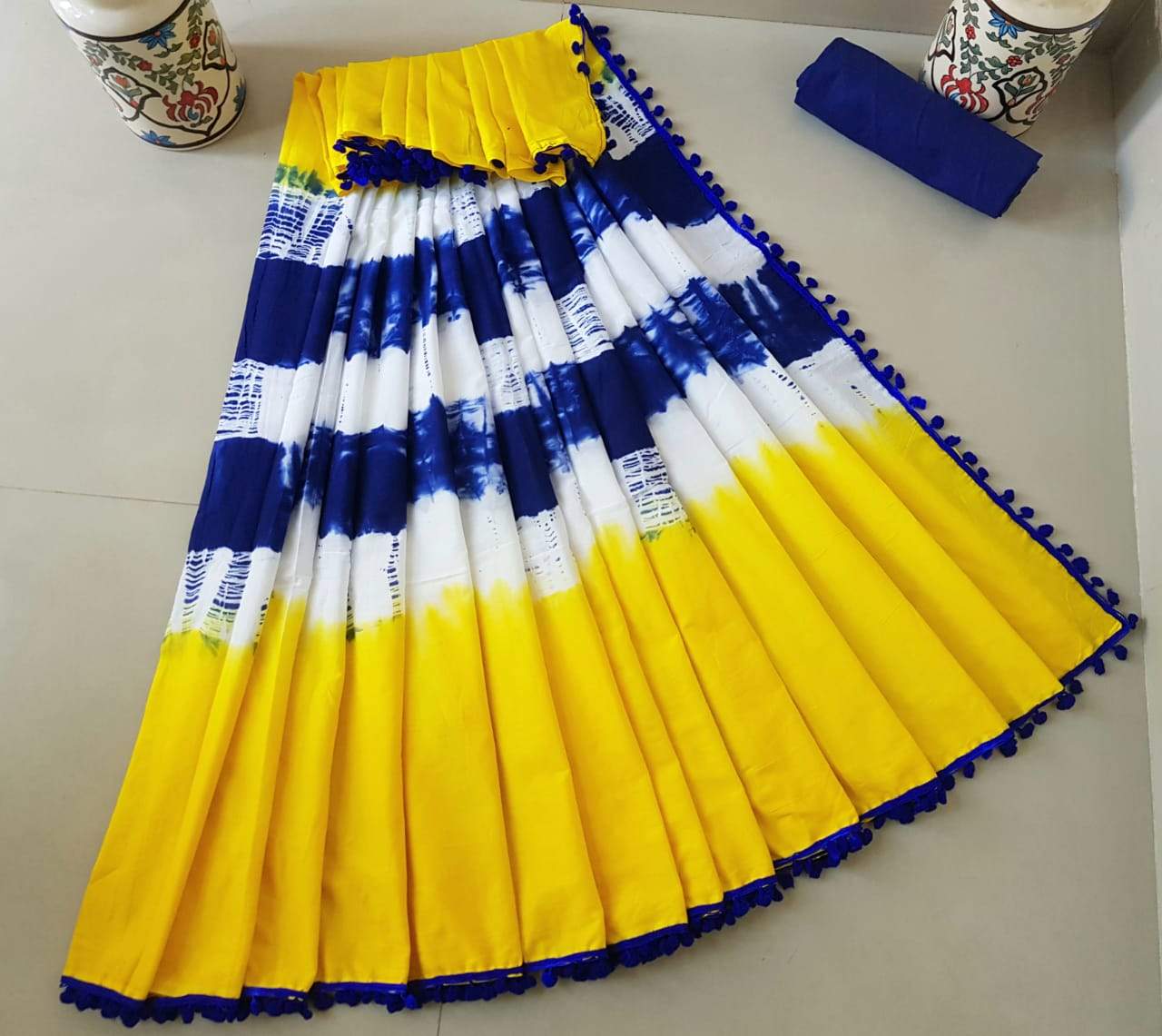 Yellow Cotton Saree with Royal Blue Border-TCS021
