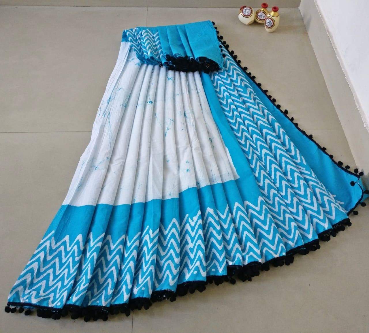 White Cotton Saree with Sky Blue Border-TCS004