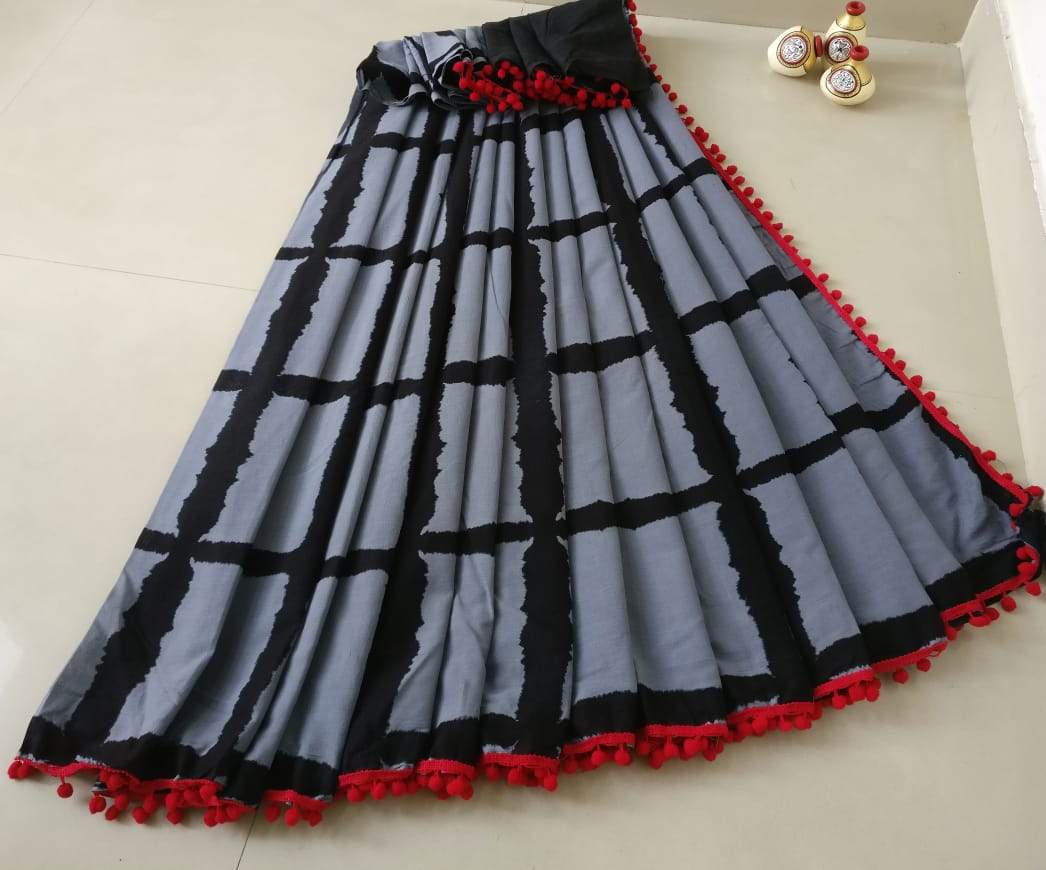 Grey and Black Checkered Cotton Saree-TCS023