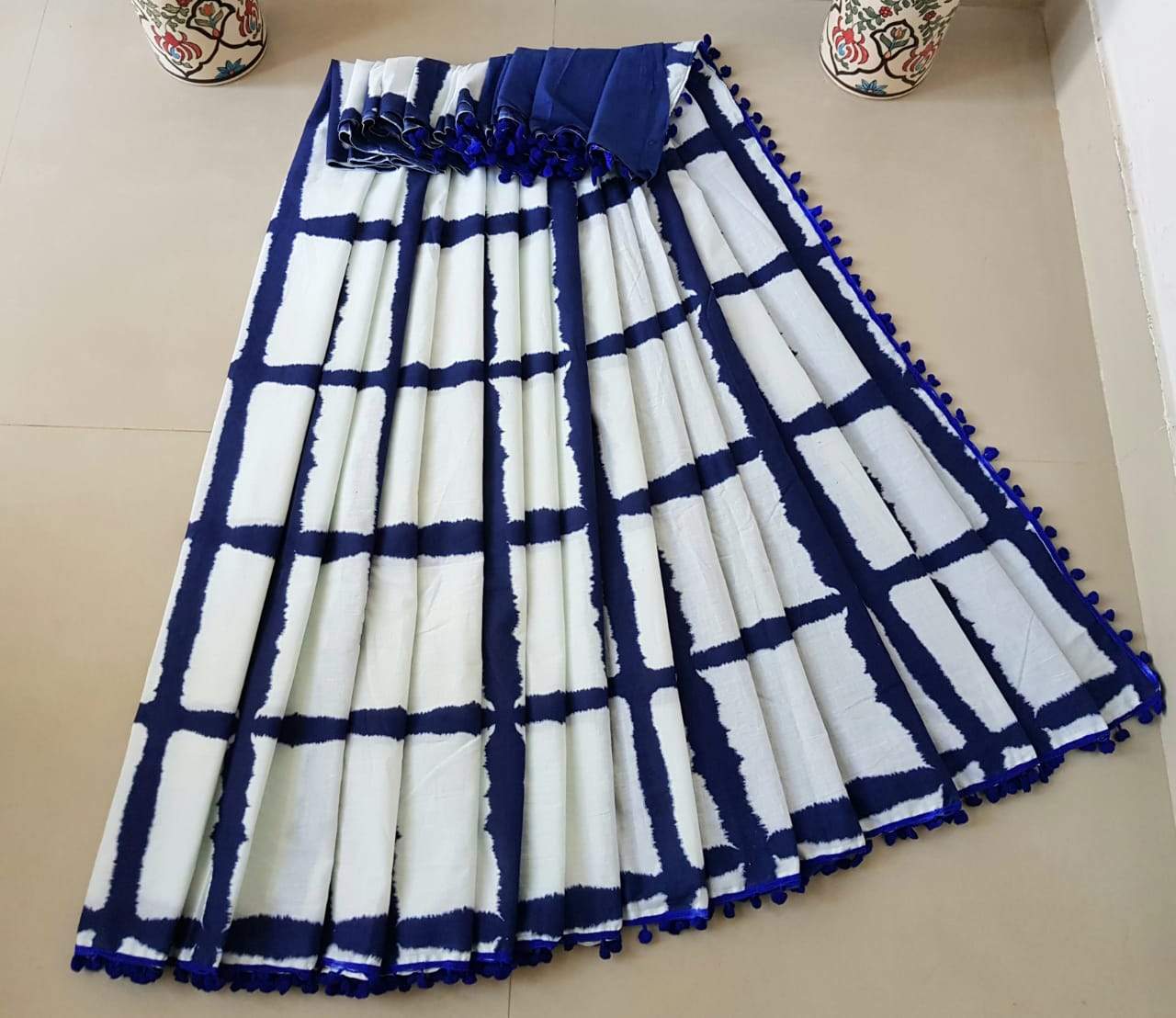 Royal Blue and White Checkered Cotton Saree-TCS005