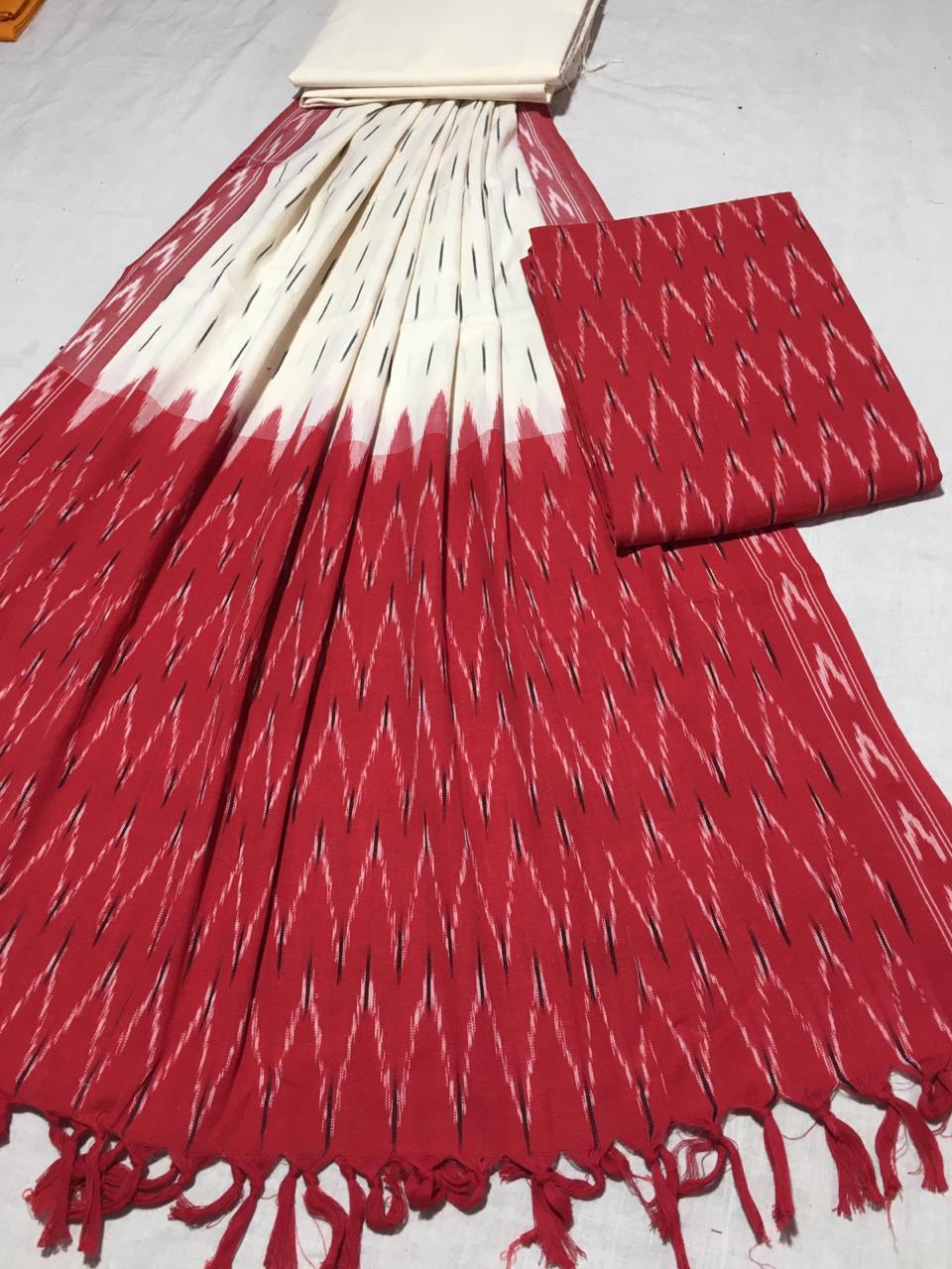 Red and Off-white Ikkat Unstitched Dress Material