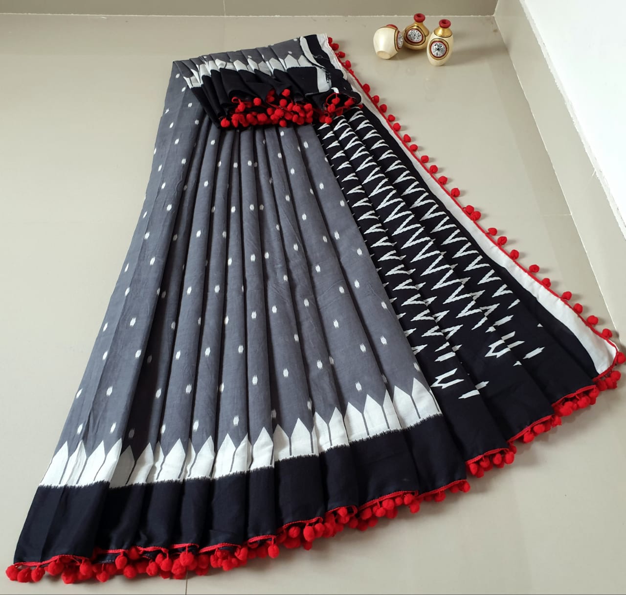 Grey Cotton Saree with Red pompom