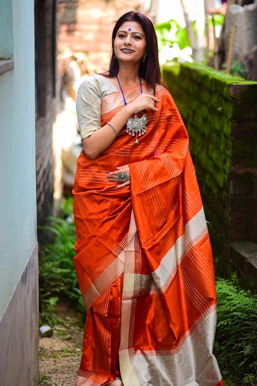 Tangy Orange Raw Silk Saree