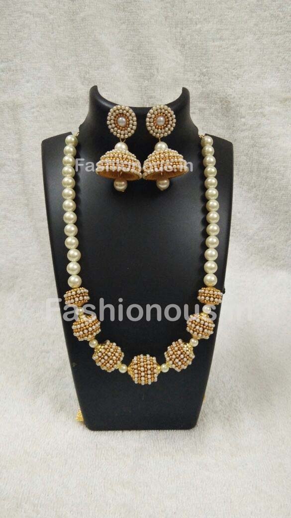 White Beaded Silk Thread Jewellery Set-STJSW-072
