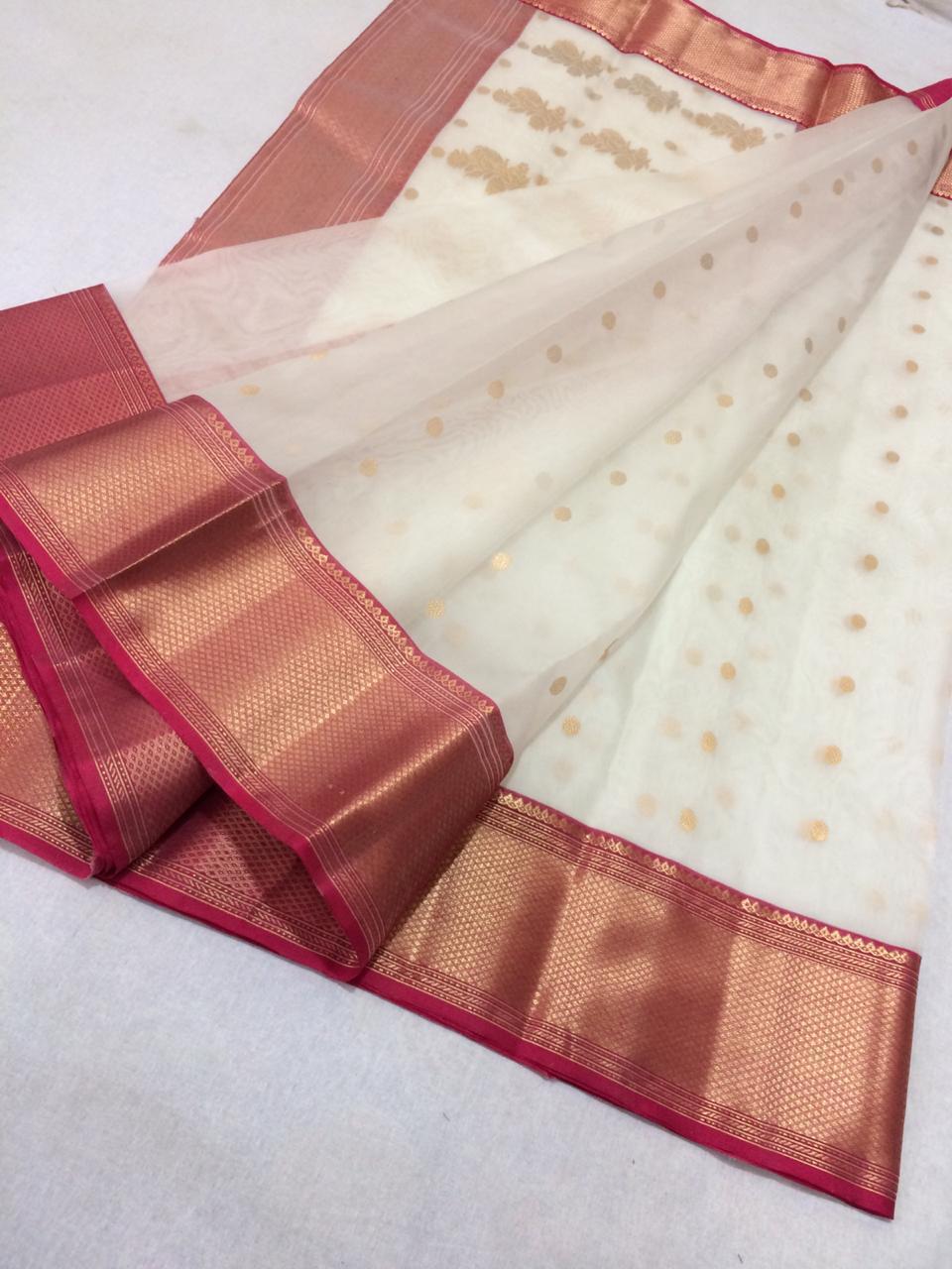 Ivory Chanderi Silk Saree With Pink Border- CSH044