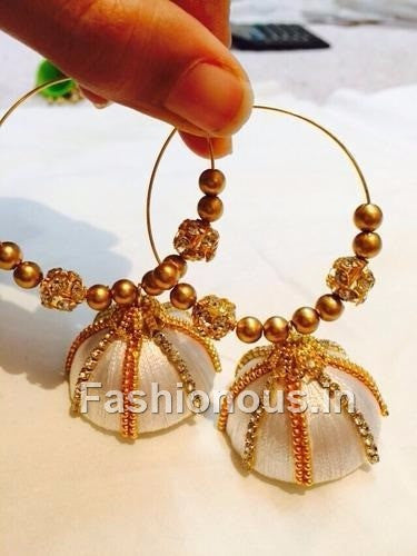 White Designer Silk Thread Hoops