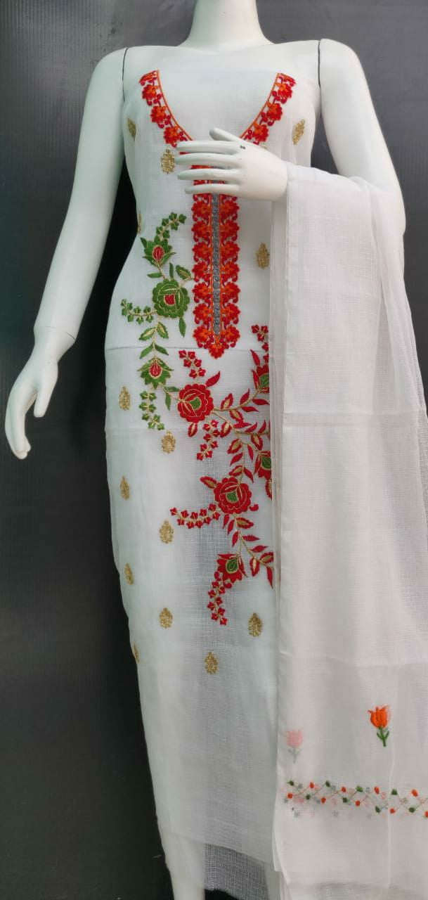 White Floral Embroidered Kota Dress Material Fashionous
